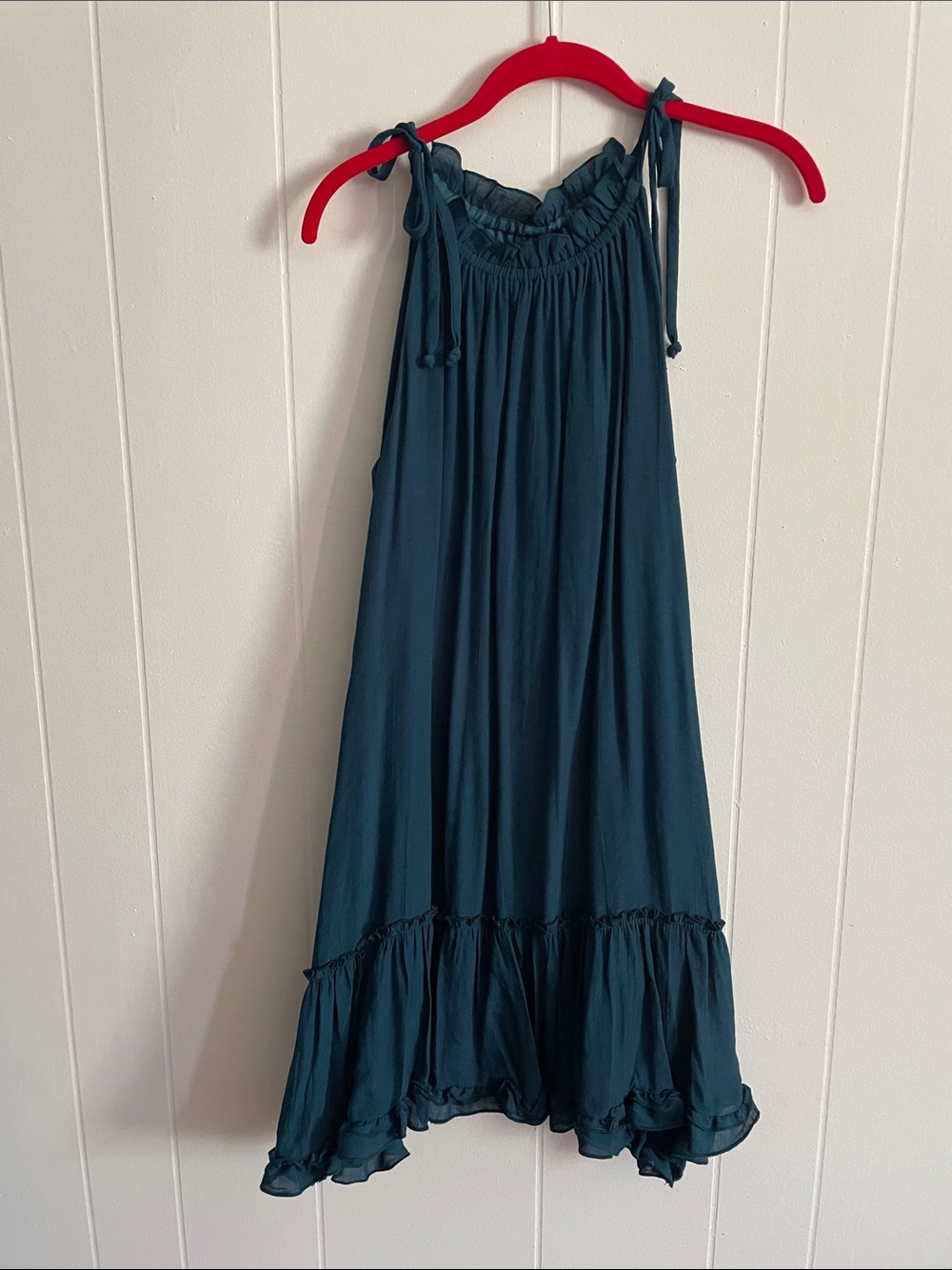 Teal Ruffle-Hem Tie-Shoulder Sundress